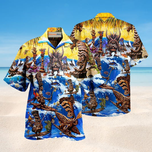 Happy Surfing Day With Tiki Bar Hawaiian Shirt For Summer Vacation Beach Travel And Relaxed Casual Wear