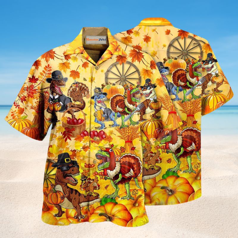Happy Dinosaur Thanksgiving Hawaiian Shirt For Summer Vacation Beach Travel And Relaxed Casual Wear