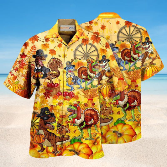 Happy Dinosaur Thanksgiving Hawaiian Shirt For Summer Vacation Beach Travel And Relaxed Casual Wear