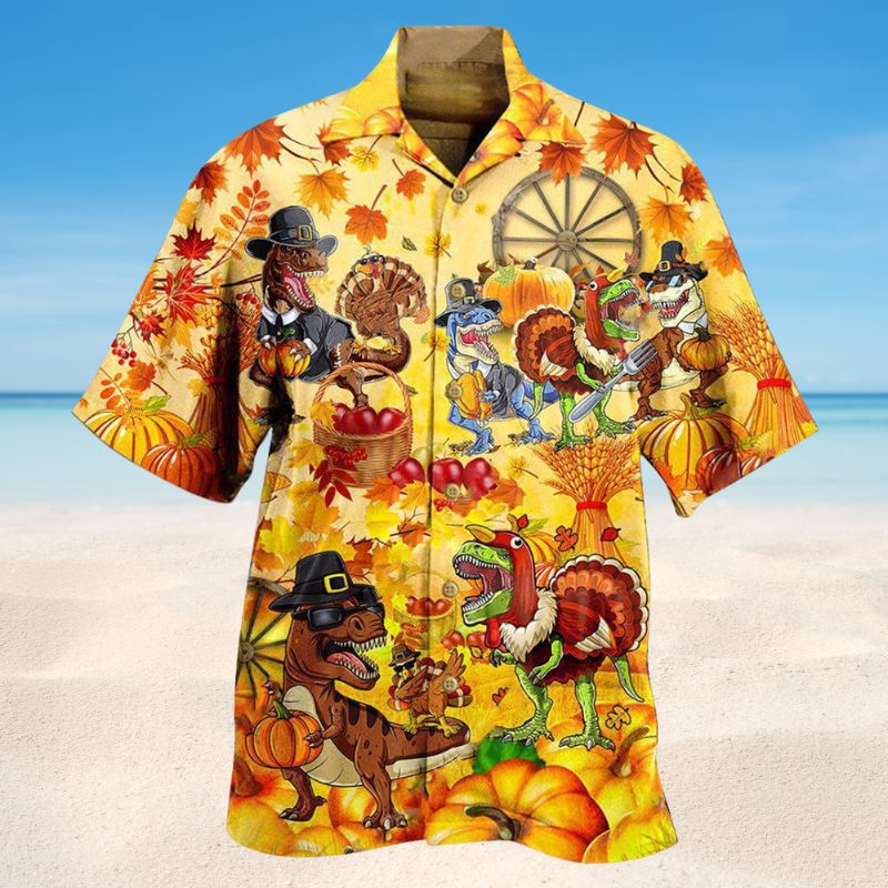 Happy Dinosaur Thanksgiving Hawaiian Shirt For Summer Vacation Beach Travel And Relaxed Casual Wear