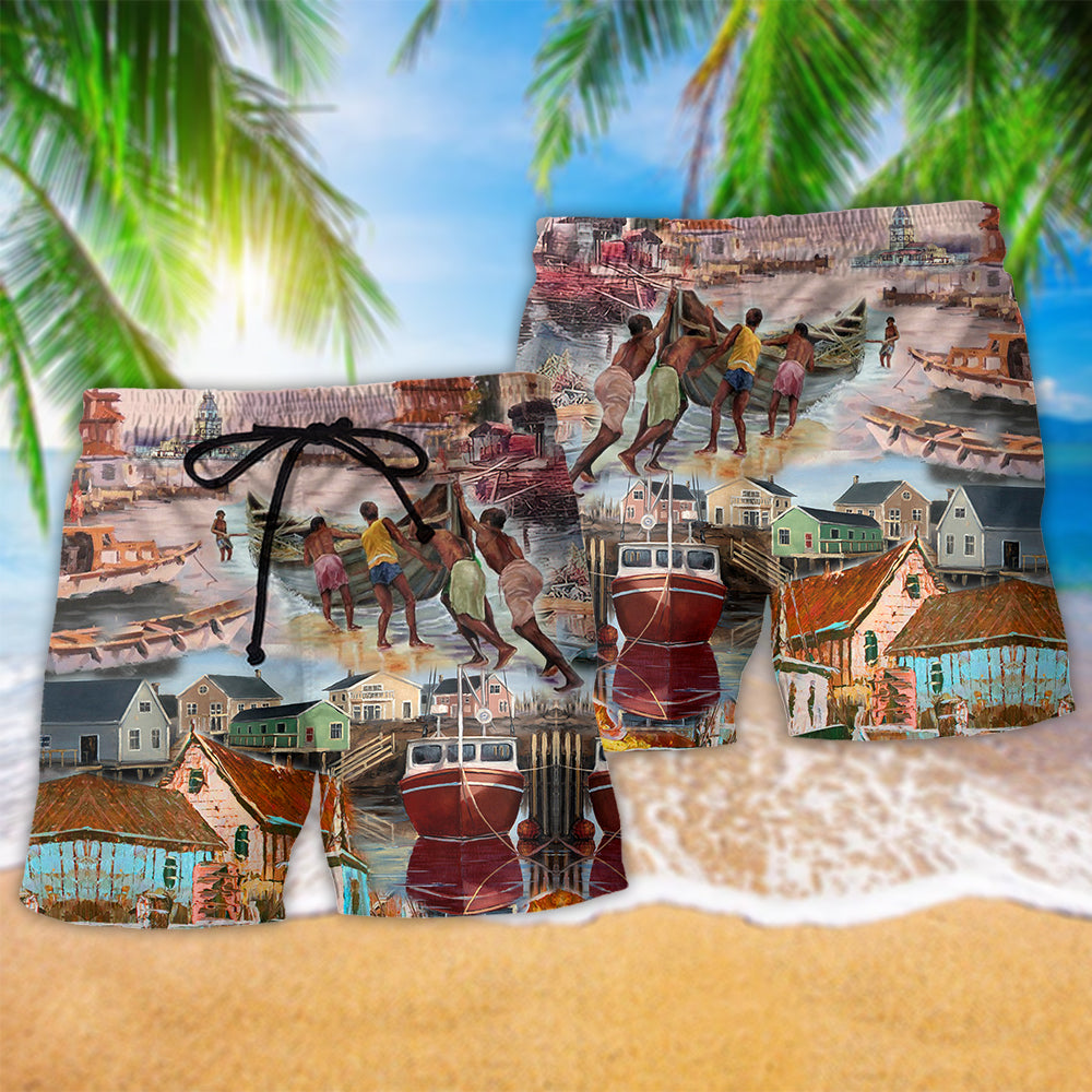 Morning Harbor Scenic Cool Beach Shorts Artwork Detail For Tropical Travel And Everyday Wear