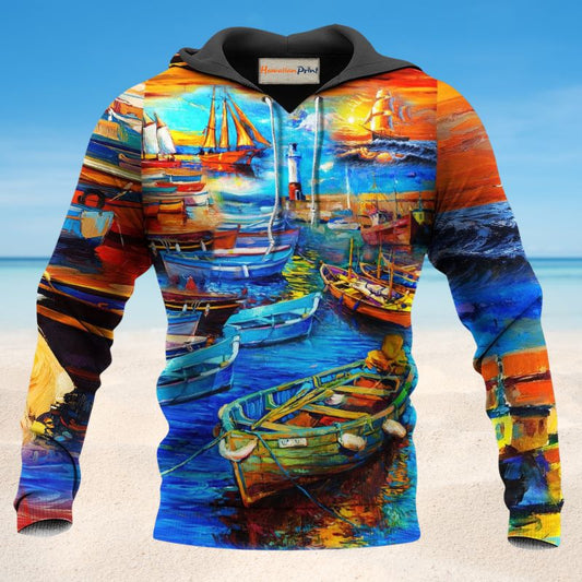 Vintage Harbor Sunset Boat Hoodie For Seaside Adventures Daily Style And Comfortable Outfits