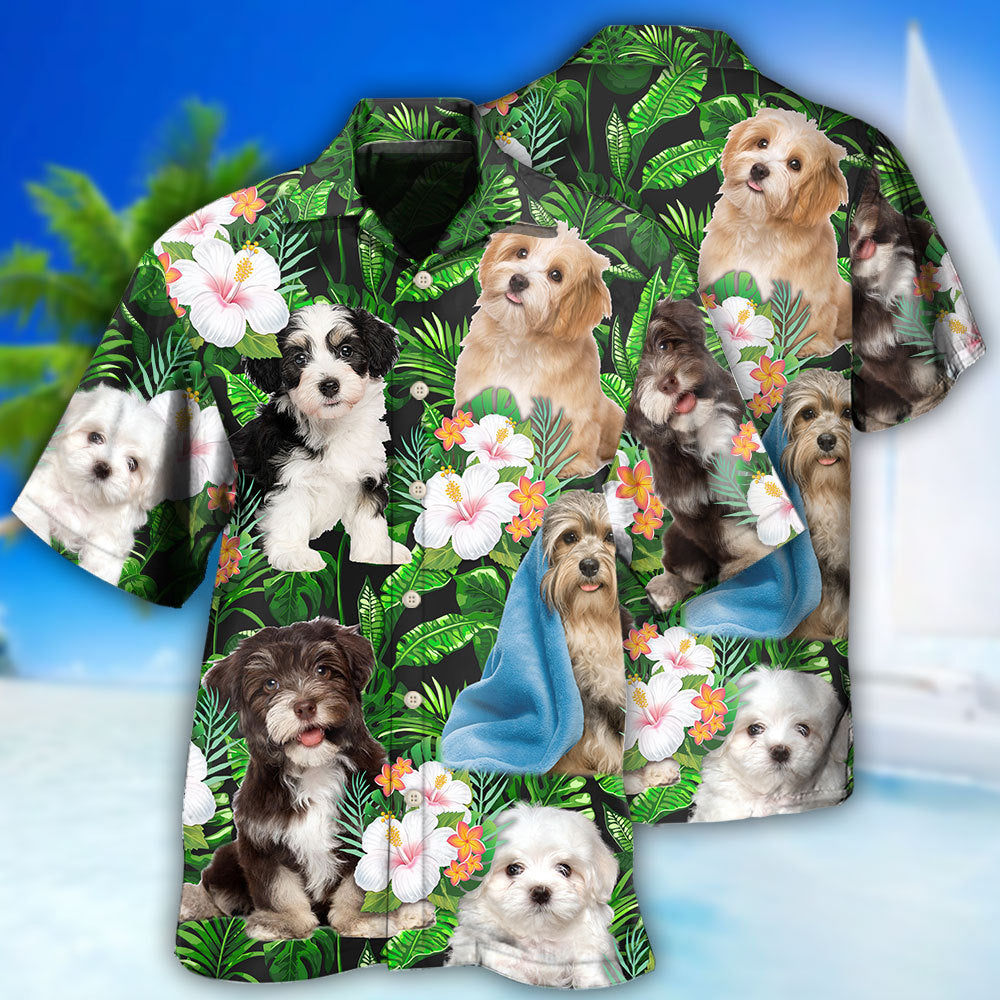 Tropical Floral Cute Dog Havanese Leaf Hawaiian Shirt Pattern Detail For Summer Holidays And Outdoor Fun