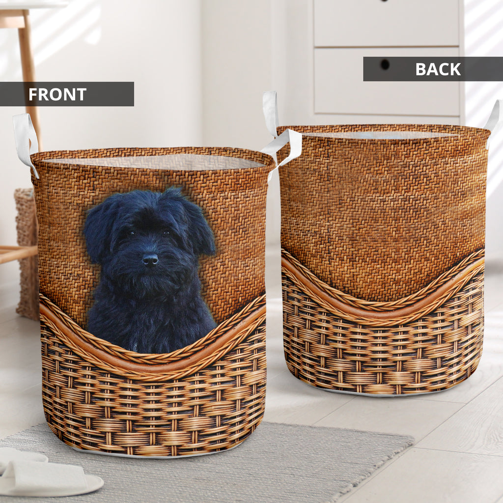 Havanese Black Dog Rattan Texture Laundry Basket For Room Home Organizer