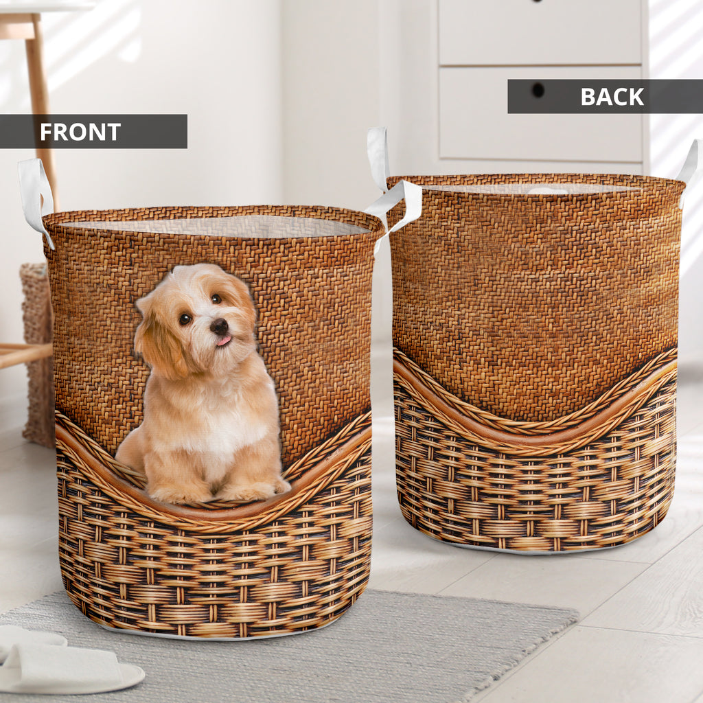 Havanese Dog Rattan Texture Laundry Basket For Room Home Organizer