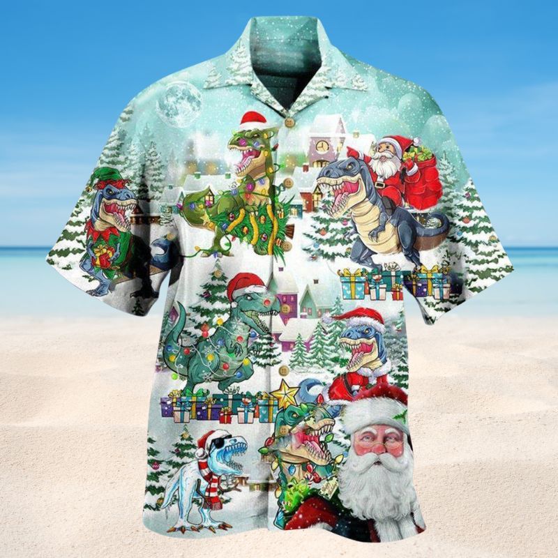 Dinosaur Christmas Celebration Hawaiian Shirt For Summer Vacation Beach Travel And Relaxed Casual Wear