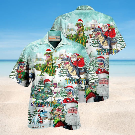 Dinosaur Christmas Celebration Hawaiian Shirt For Summer Vacation Beach Travel And Relaxed Casual Wear