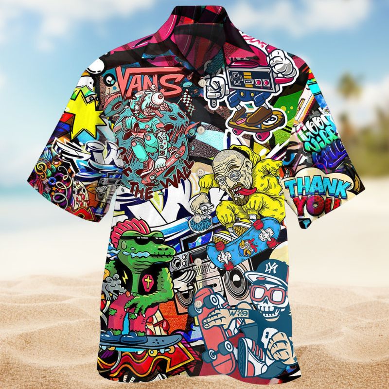Skate Street Hawaiian Shirt For Summer Vacation, Beach Travel, And Casual Wear