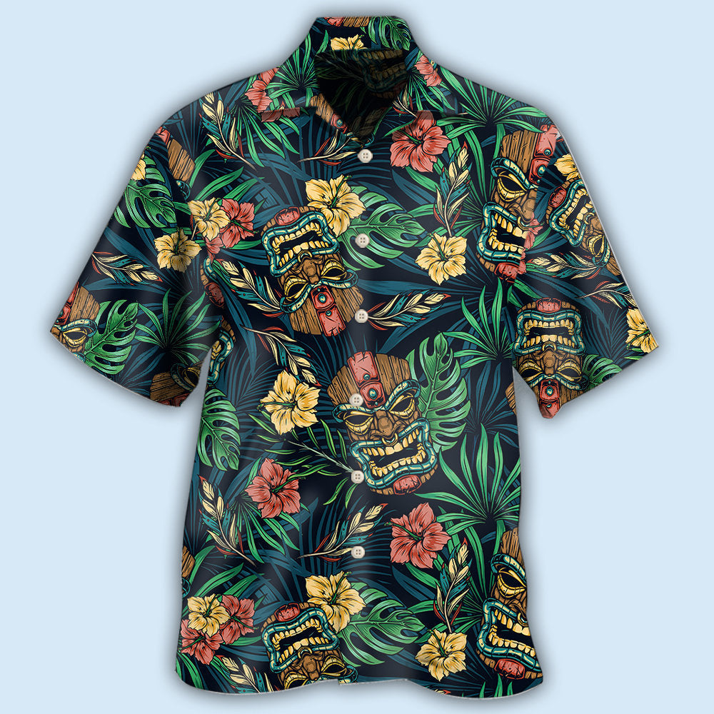 Tropical Island Tiki Hawaiian Shirt With All Over Print For Summer Vacation Beach Travel And Casual Wear