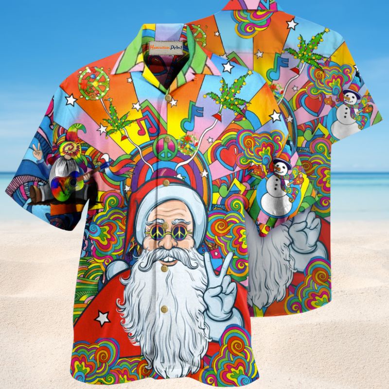 Hippie Santa Hawaiian Shirt For Festive Events, Island Vacations, And Comfortable Casual Outfits