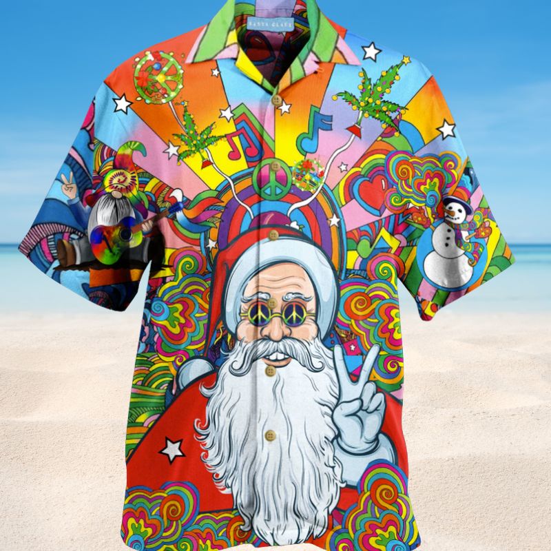 Hippie Santa Hawaiian Shirt For Festive Events, Island Vacations, And Comfortable Casual Outfits