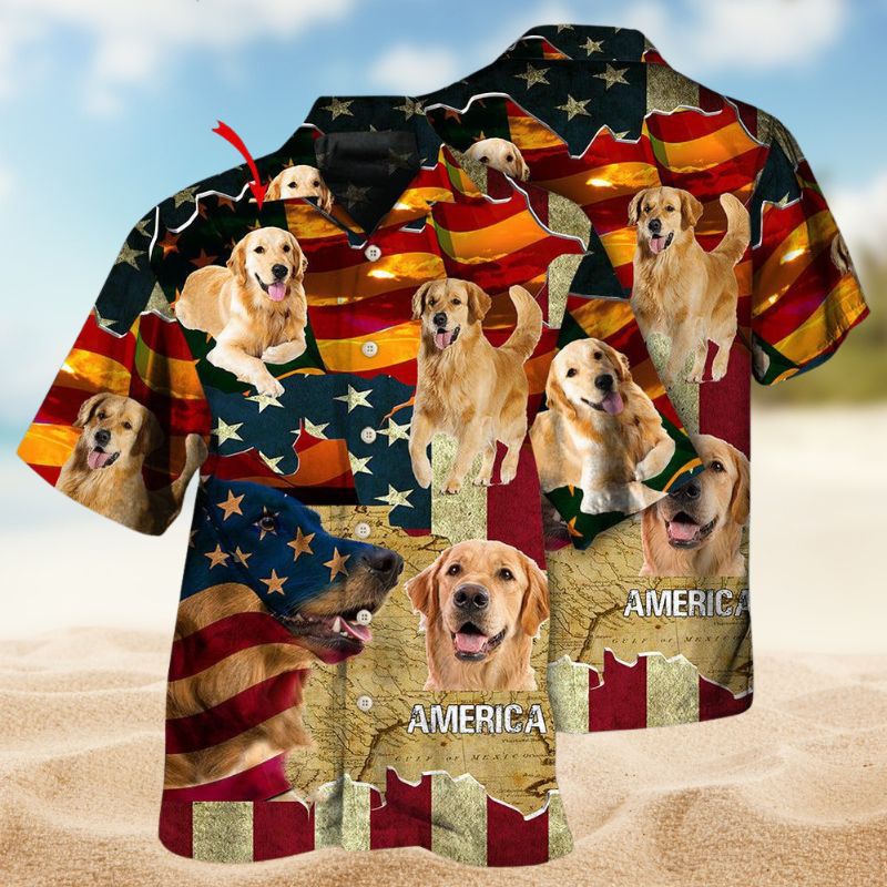American Golden Retriever Sunset Photo Hawaiian Shirt For Island Vacations, Resort Wear, And Relaxed Seasonal Style
