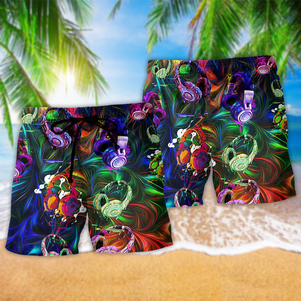 Headphone Amazing Colorful Hawaiian Print Beach Shorts For Summer Festivals And Travel