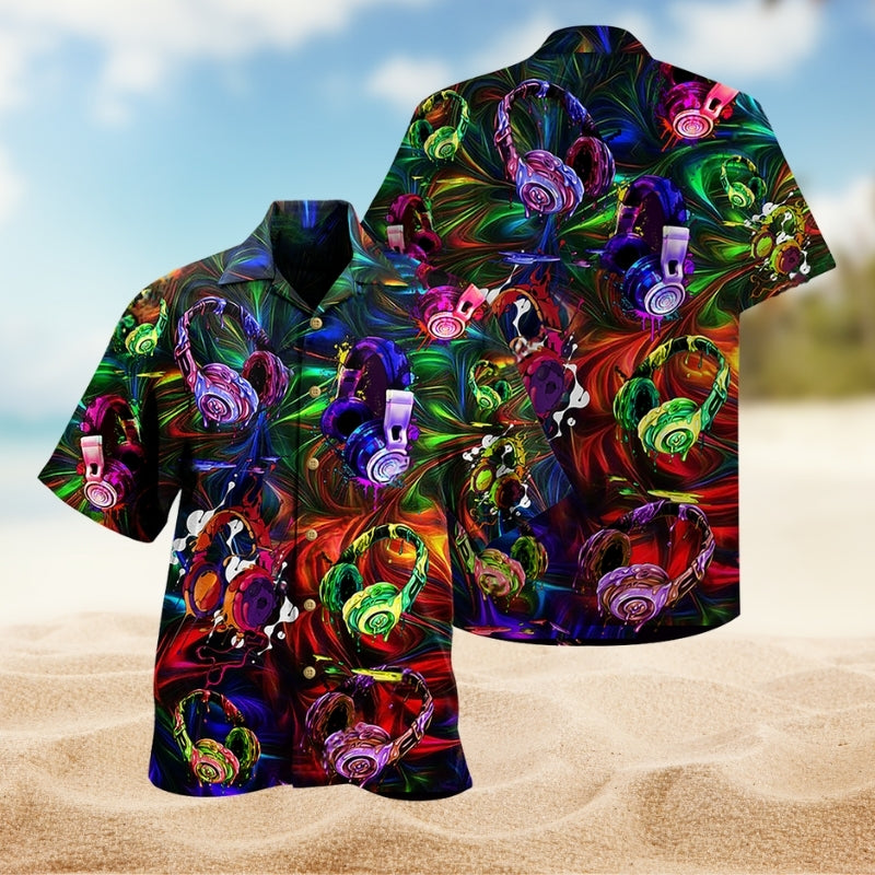 Headphone Creative Pattern Hawaiian Shirt For Resort Trips, Coastal Parties, And Warm Weather Style