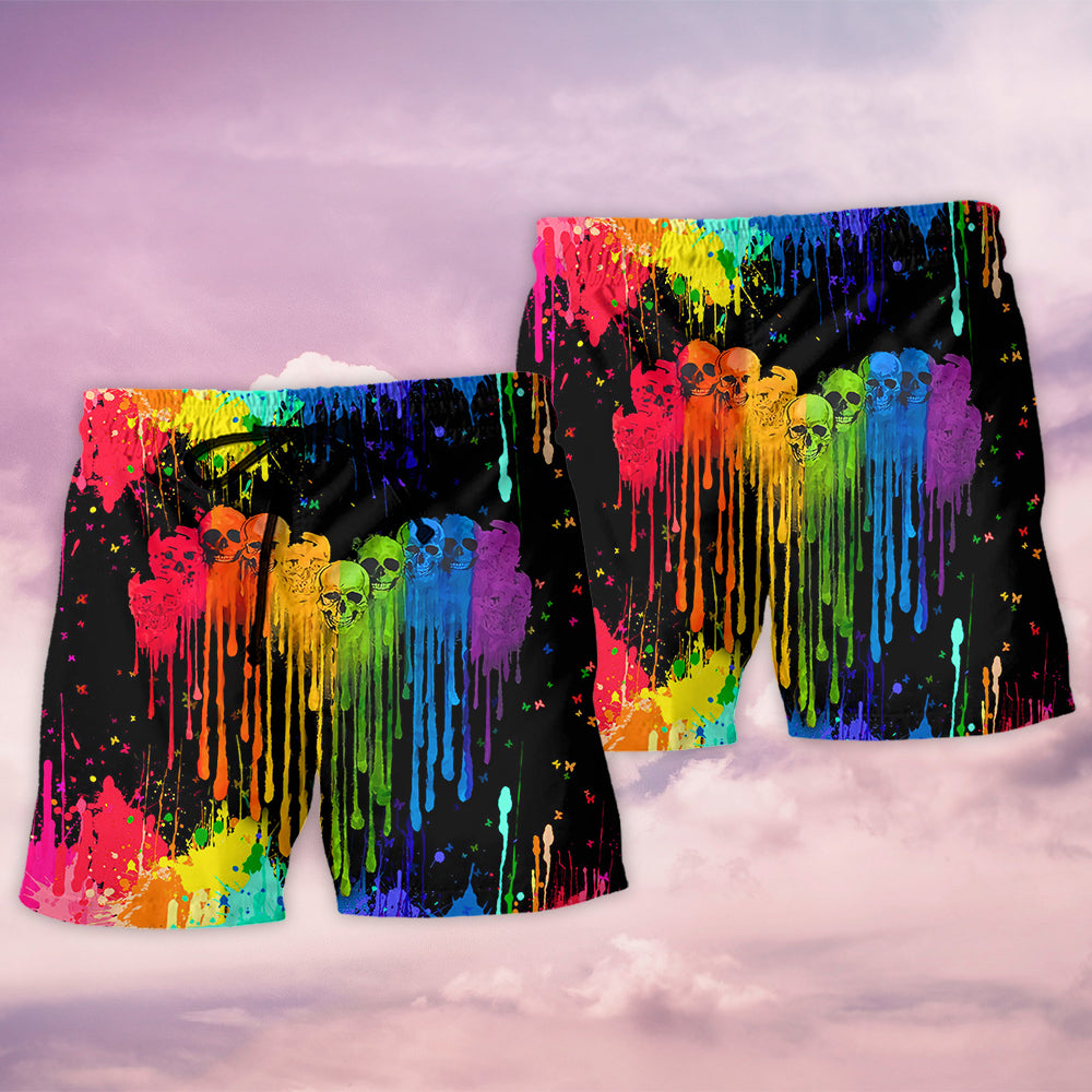 Rainbow Pride Skull Beach Shorts Pattern Detail For Coastal Travel And Easy Warm Weather Wear