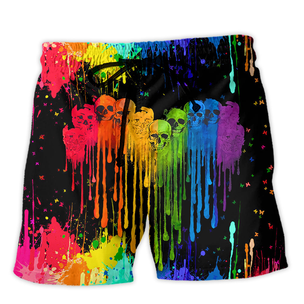 Rainbow Pride Skull Beach Shorts For Summer Vacations And Easy Warm Weather Wear