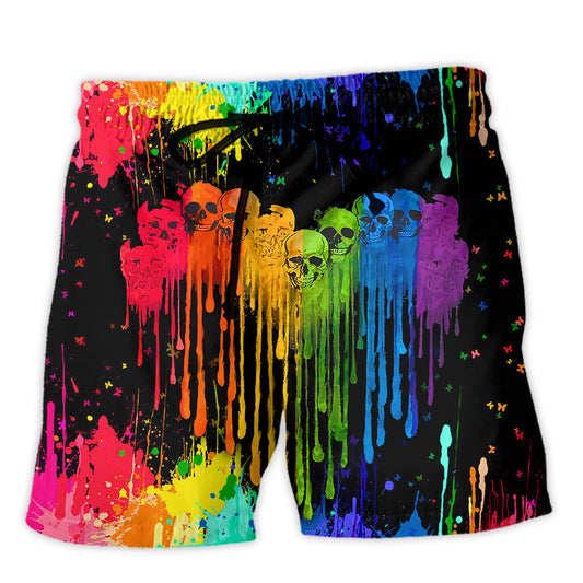 Rainbow Pride Skull Beach Shorts For Summer Vacations And Easy Warm Weather Wear