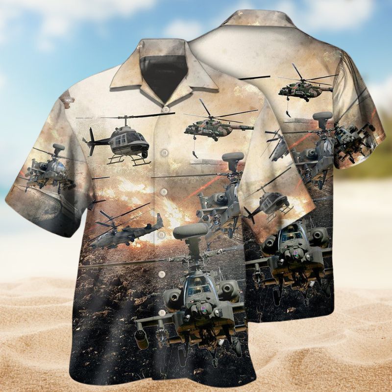 Helicopter Fire War Hawaiian Shirt For Automotive Enthusiasts, Coastal Trips, And Casual Warm Weather Style