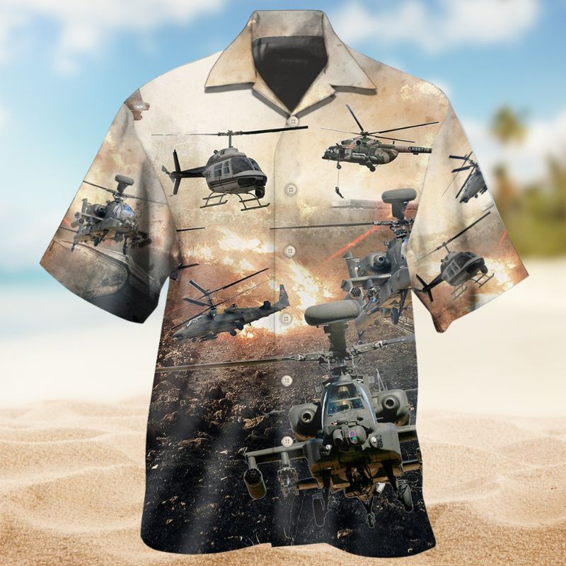 Helicopter Fire War Hawaiian Shirt For Automotive Enthusiasts, Coastal Trips, And Casual Warm Weather Style