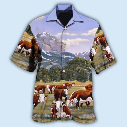 Elegant Hereford Cow Landscape Hawaiian Shirt For Tropical Holidays, Outdoor Gatherings, And Everyday Comfort