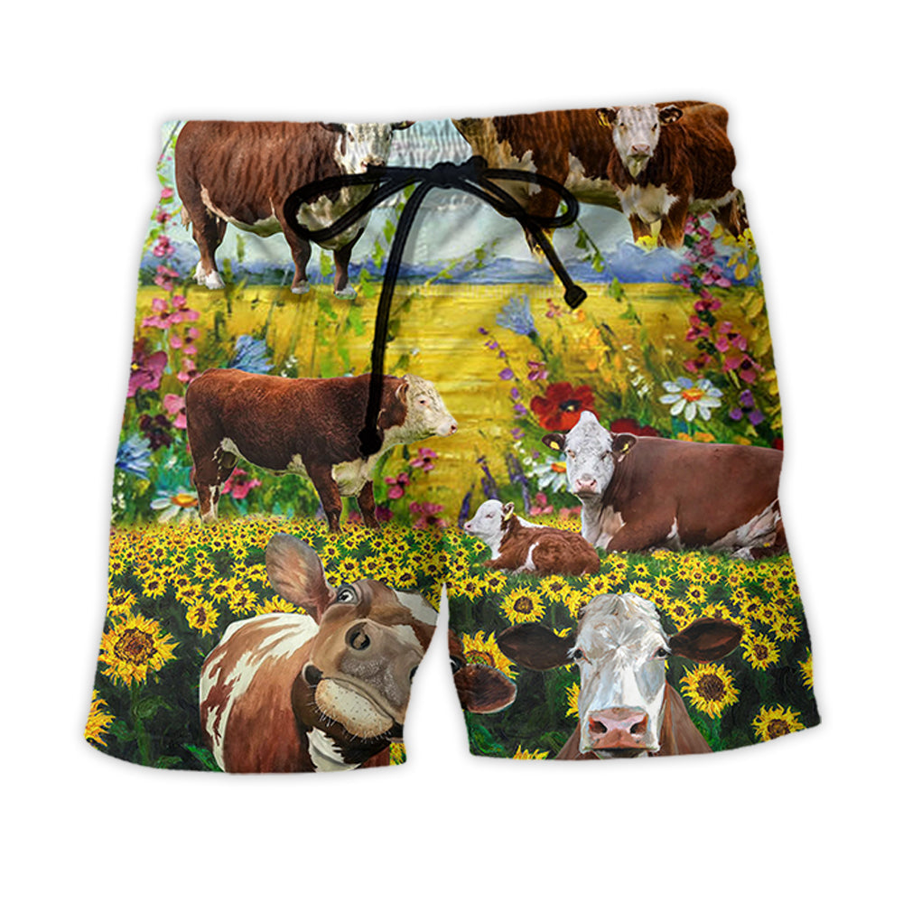 Hereford Cow Pastoral Landscape Beach Shorts Pattern Detail For Sunny Outdoor Activities
