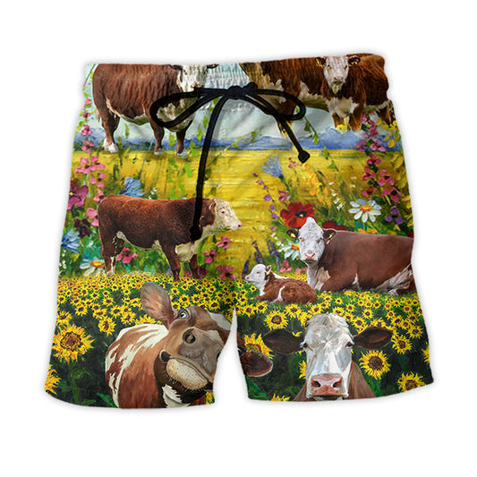 Hereford Cow Pastoral Landscape Beach Shorts Pattern Detail For Sunny Outdoor Activities