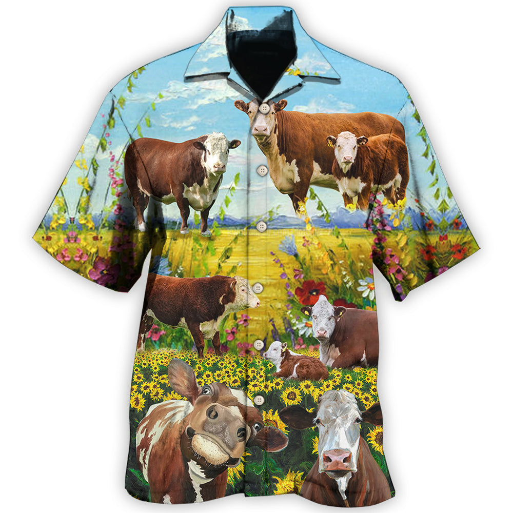 Rustic Hereford Cow Farm Landscape Hawaiian Shirt For Beach Days, Summer Outings, And Thoughtful Gift Giving