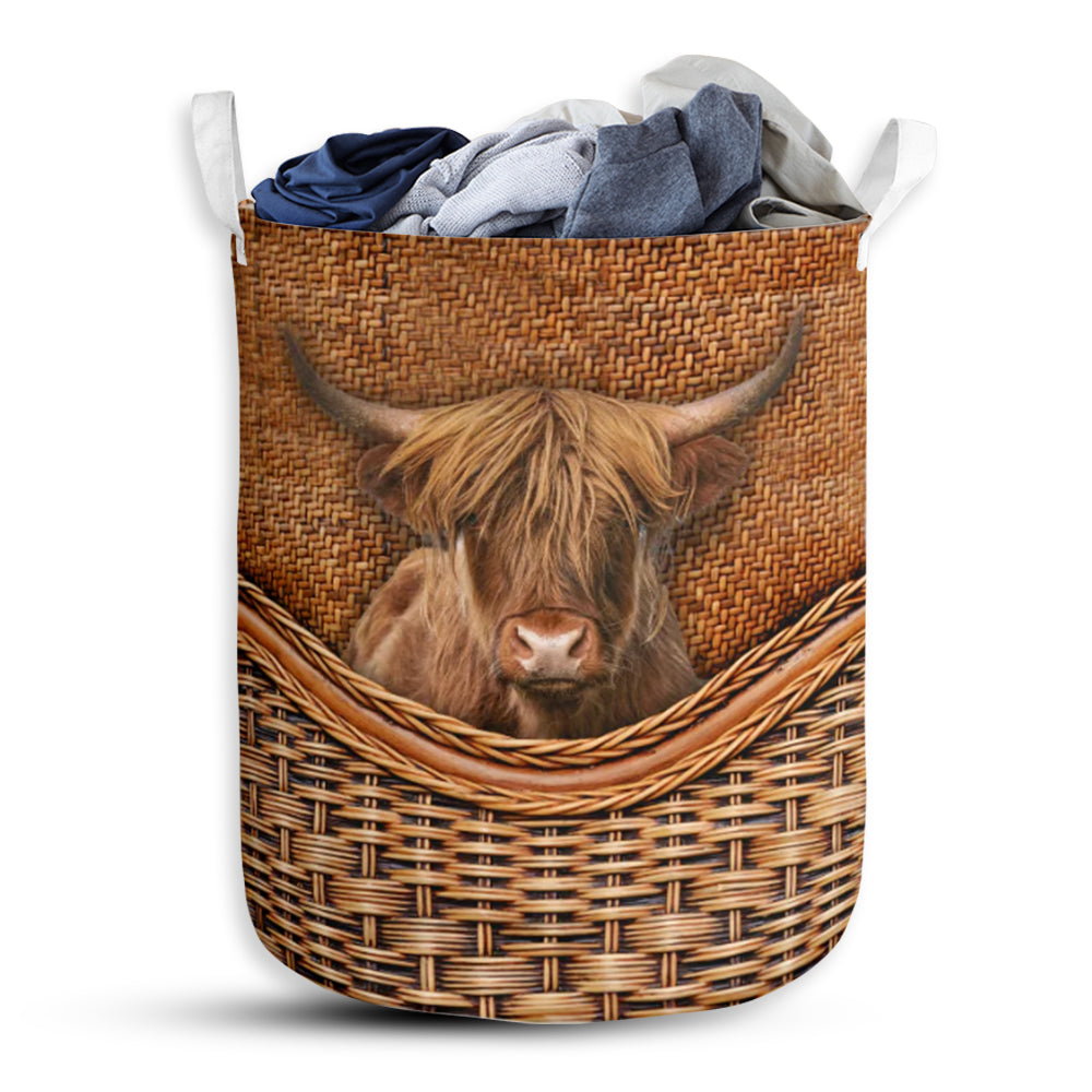 Highland Cow Rattan Texture Laundry Basket For Bathroom Bedroom Storage