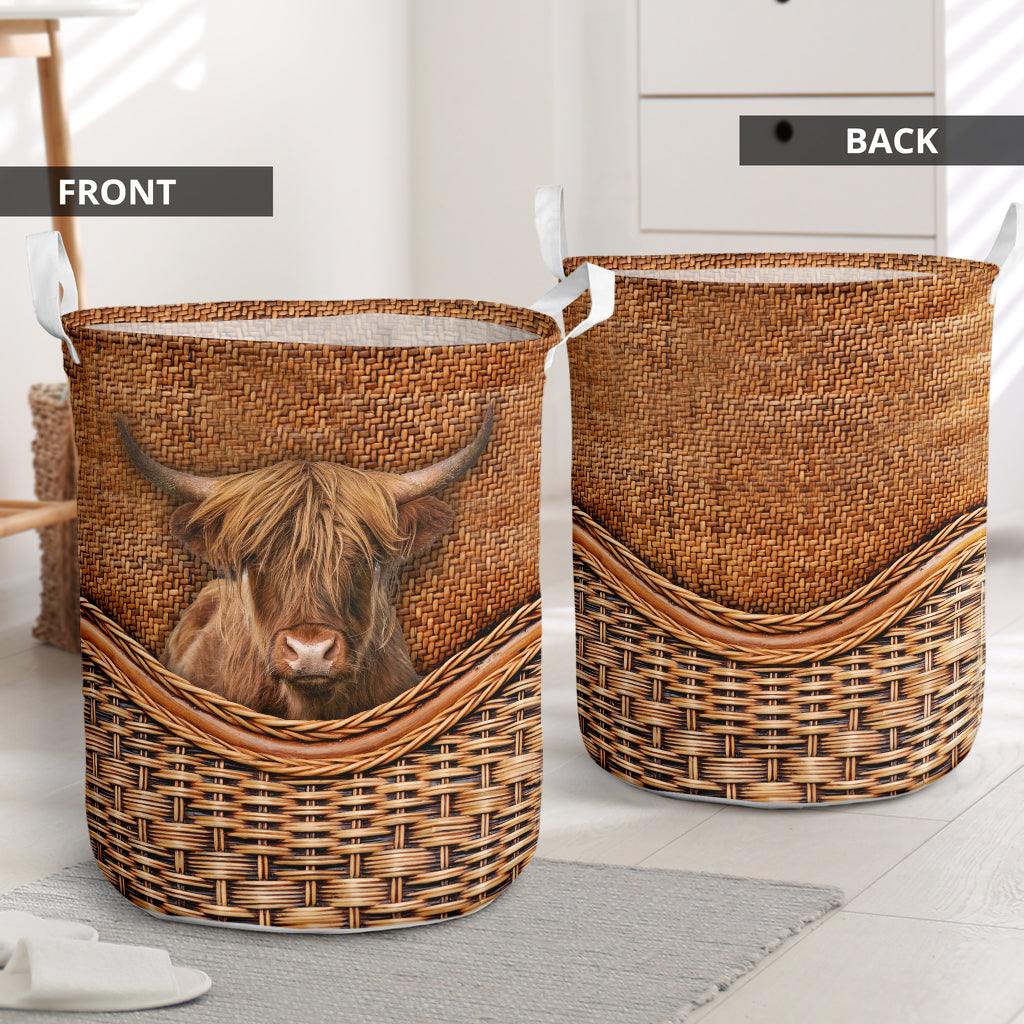 Small Size Highland Cow Rattan Texture Laundry Basket For Room Home Organizer