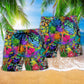 Hippie Alien Frog Mushroom Peace Beach Shorts Design Detail For Resort And Beach Day Style