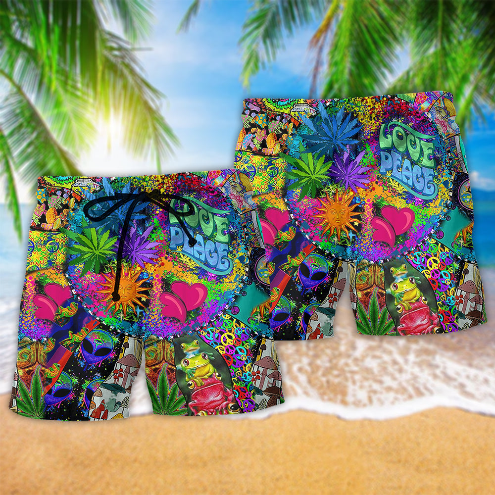 Hippie Alien Frog Mushroom Peace Beach Shorts Design Detail For Resort And Beach Day Style