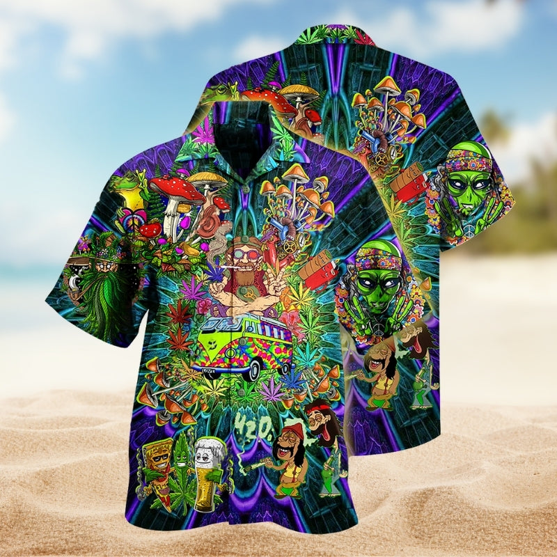 Hippie Alien Mushroom Colorful Hawaiian Shirt For Tropical Holiday, Family Vacation, And Relaxed Summer Style