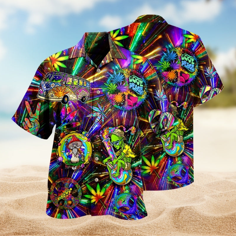 Hippie Alien Peace Psychedelic Art Hawaiian Shirt For Poolside Gathering, Island Getaway, And Casual Outdoor Style