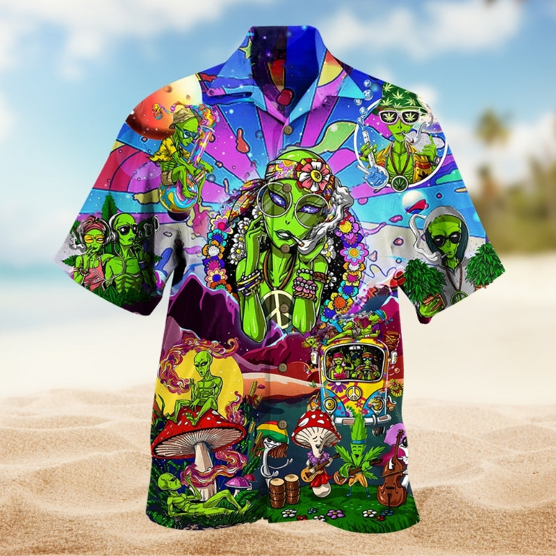 Hippie Alien Colorful Hawaiian Shirt For Resort Holiday, Island Getaway, And Casual Outdoor Style