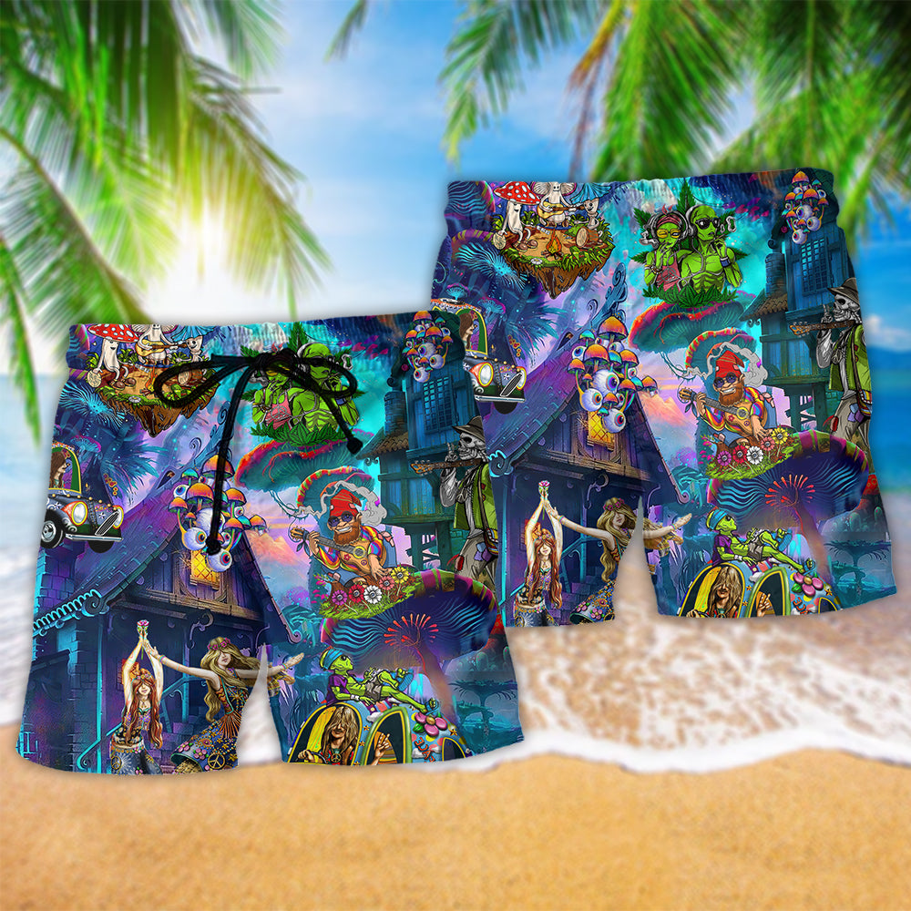 Bohemian Alien Skull Mushroom Color Beach Shorts Pattern Detail For Relaxed Weekends And Lightweight Summer Style