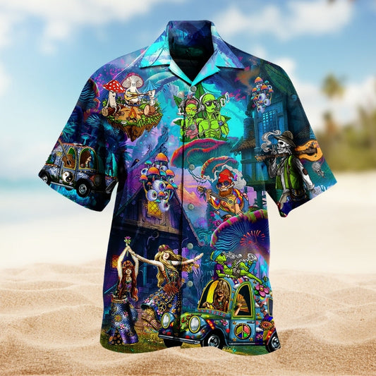 Hippie Alien Skull Mushroom Colorful Hawaiian Shirt For Resort Escape And Coastal Casual Wear