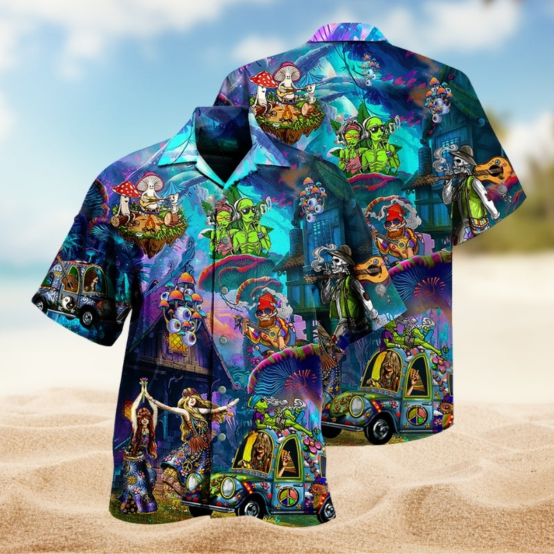 Hippie Alien Skull Mushroom Colorful Hawaiian Shirt For Island Getaway And Daily Summer Wear