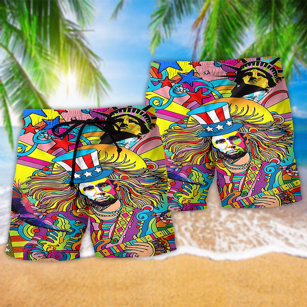 Hippie America Fullcolor Peace Hawaiian Print Beach Shorts For Patriotic Summer Events
