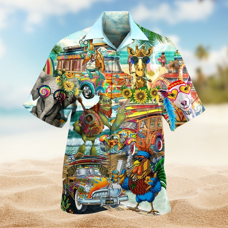 Hippie Animal Colorful Hawaiian Shirt For Relaxed Getaway And Comfortable Travel Wear