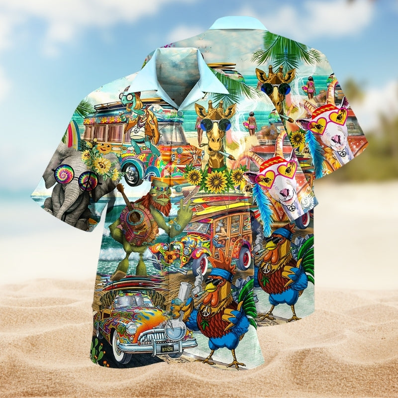 Hippie Animal Colorful Hawaiian Shirt For Coastal Festival And Everyday Comfort
