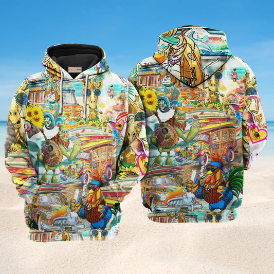 Hippie Happy Animals Together Hoodie For Colorful Outings Music Events And Everyday Style