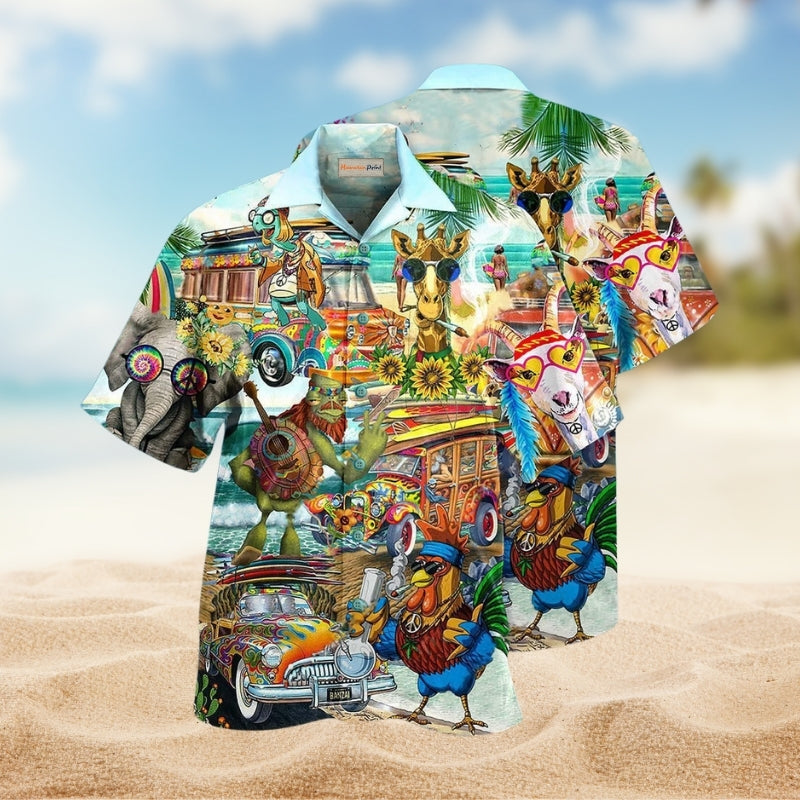 Bohemian Animals Happy Together Hawaiian Shirt For Summer Vacation Beach Travel And Relaxed Casual Wear