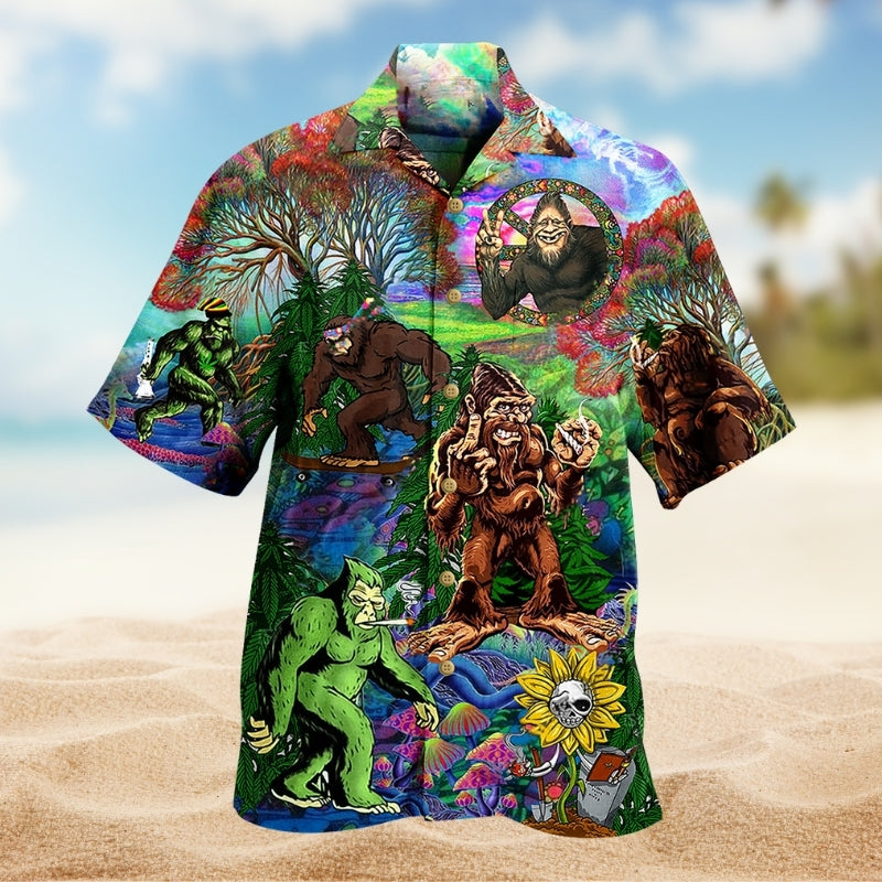 Hippie Bigfoot Peace And Freedom Colorful Hawaiian Shirt For Coastal Festival, Summer Vacation, And Casual Wear