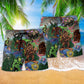Hippie Bigfoot Peace Life Color Green Hawaiian Beach Shorts For Summer Vacation And Coastal Travel