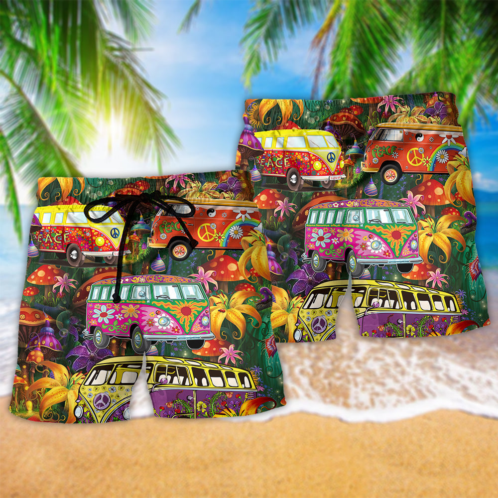 Hippie Bus Colorful Pattern Beach Shorts For Summer Vacation And Coastal Travel