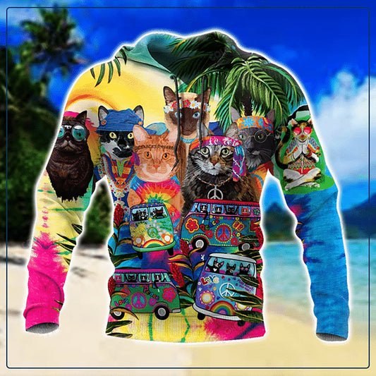 Hippie Cats Hoodie For Bohemian Streetwear Festivals Travel And Everyday Comfort