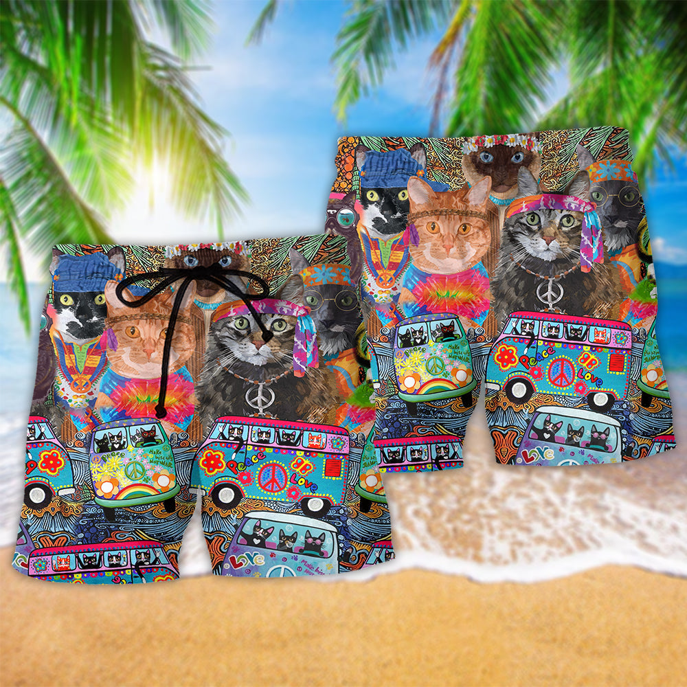 Hippie Cats Peace Life Color Fun And Cute Beach Shorts For Resort Trips And Warm Weather Style