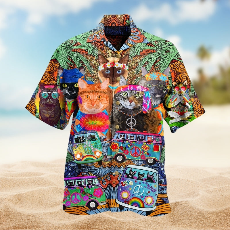 Hippie Cats Colorful Hawaiian Shirt For Island Adventure, Relaxed Getaway, And Coastal Casual Wear