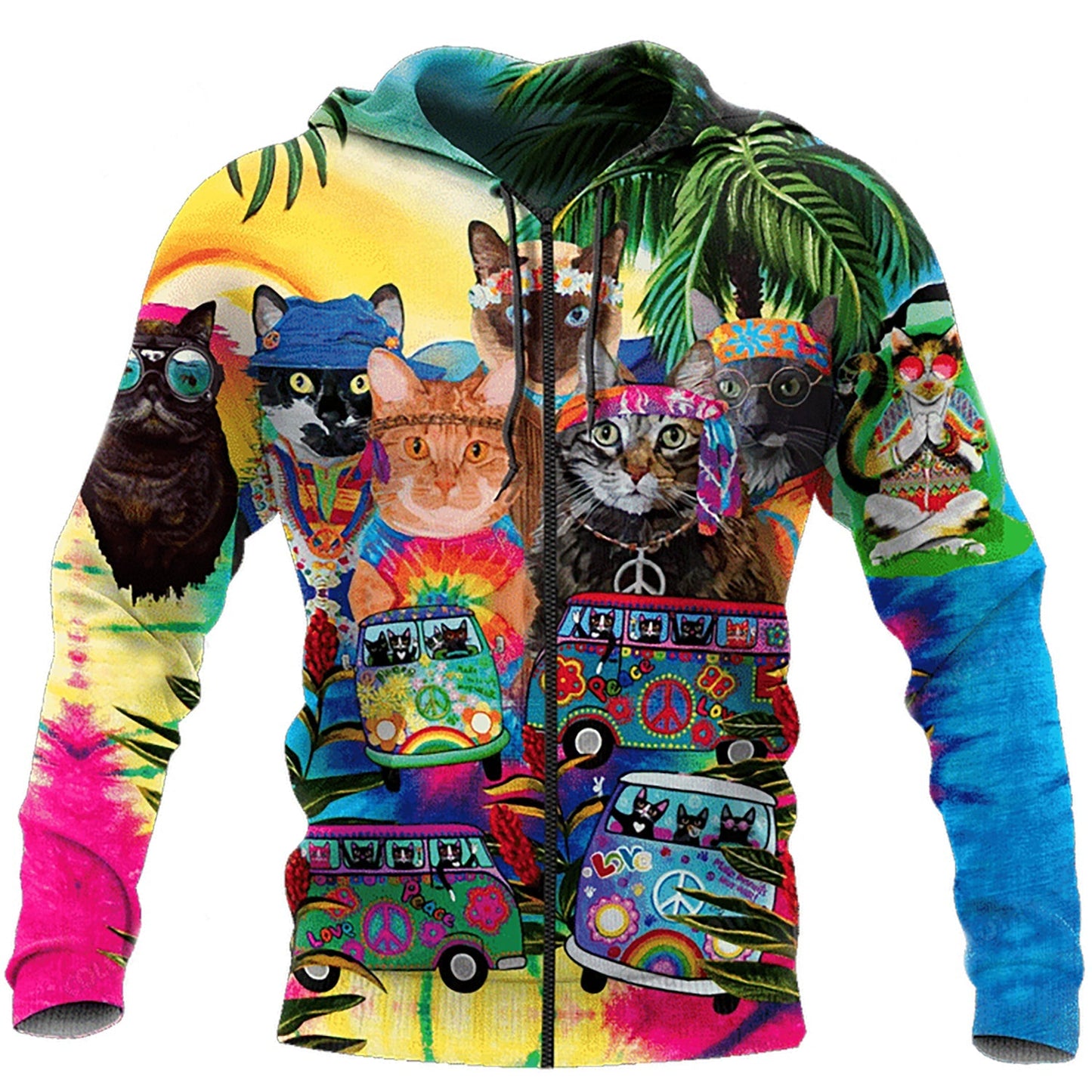 Hippie Cats Hoodie For Bohemian Streetwear Festivals Travel And Everyday Comfort
