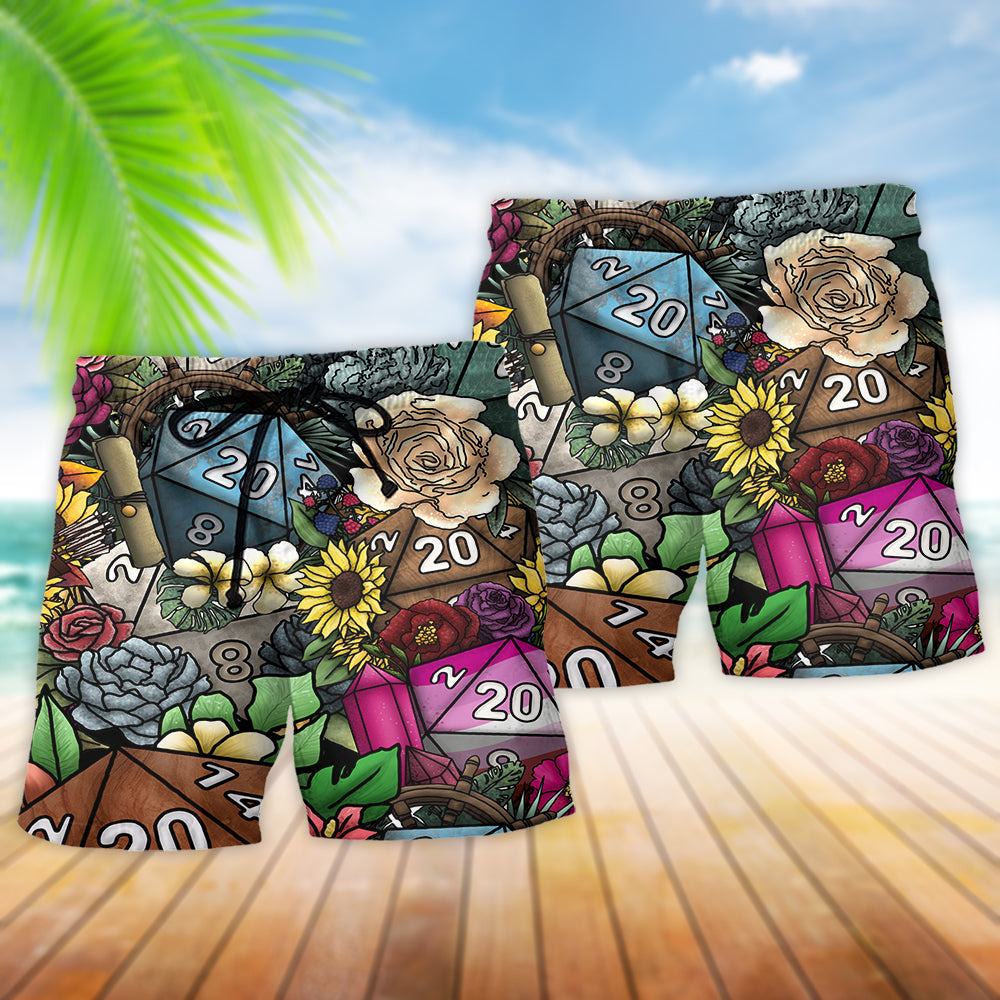 D20 Dice And Flowers Fantasy Beach Shorts For Sunny Holidays And Comfortable Daily Styling